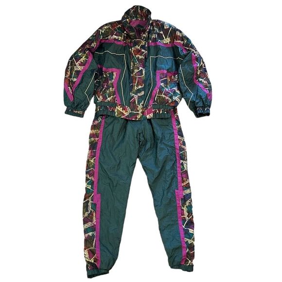 Paris Sport Club Pants - Vtg Womens 90s Nylon Track Windbreaker Suit Burgundy Green Paris Sport Club Sz L